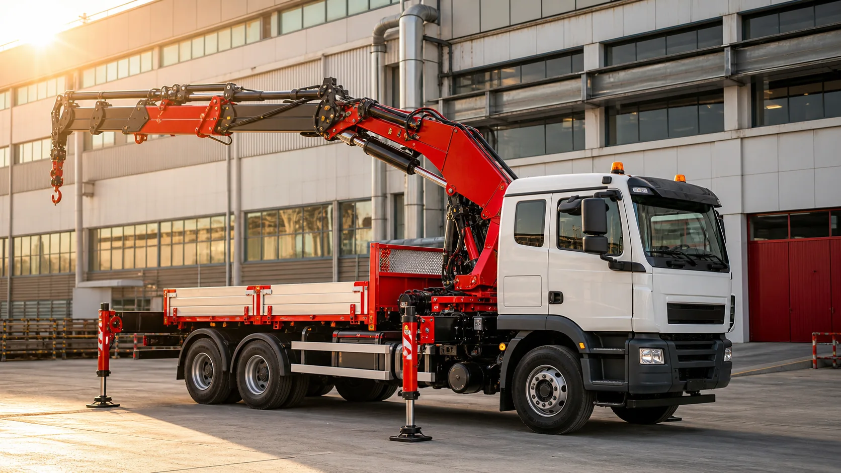 Fabrika önünde kırmızı kırma bomlu beyaz kamyon üstü mobil vinç