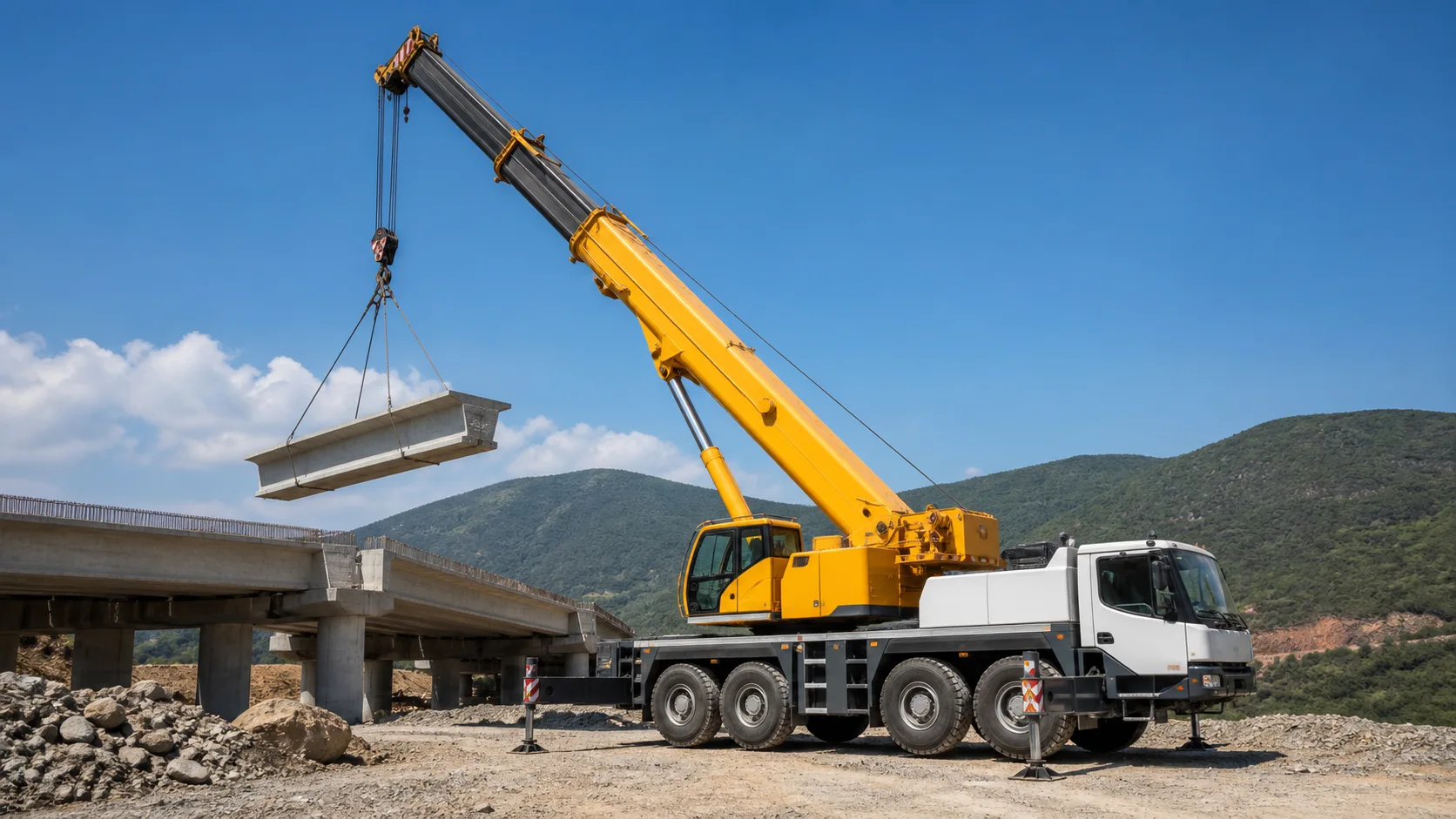 Köprü sahasında beton kiriş kaldıran tekerlekli mobil vinç